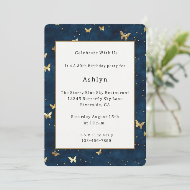 Celestial Blue Gold Butterflies Birthday Invitation (Standing Front)
