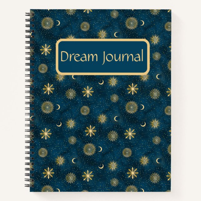 Celestial Blue & Gold Crescent Moon Dream Journal (Front)
