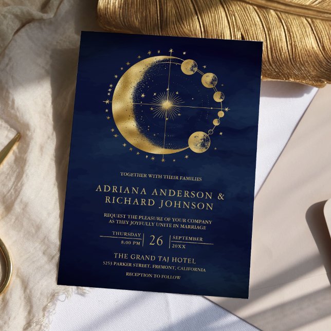 Celestial Blue Gold Crescent Moon Phases Wedding Invitation (Creator Uploaded)