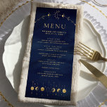 Celestial Blue Gold Crescent Moon Phases Wedding Menu<br><div class="desc">Elegant wedding menu featuring a beautiful illustration showing moon phases and modern typography.</div>