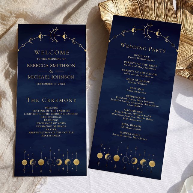 Celestial Blue Gold Crescent Moon Wedding Program (Creator Uploaded)