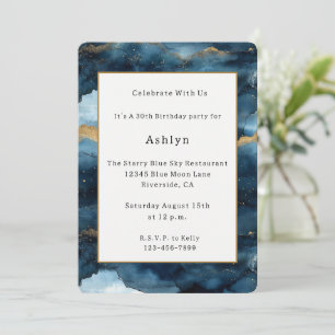 Celestial Blue Gold Glitzy Stars Sky Moon Birthday Invitation