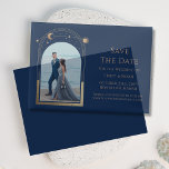 Celestial Blue Gold Photo Wedding Save The Date Vellum Invitations<br><div class="desc">Celestial Chic Blue Gold Photo Wedding Vellum Save The Dates Invitations features a gold coloured sun, moon and stars frame on an elegant blue background. Inside is your favourite photo and your custom save the date information. Personalise by editing the text in the text boxes. Designed for you by ©Evco...</div>
