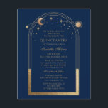 Celestial Blue Gold QR Code Quinceañera Flyer<br><div class="desc">Celestial Blue Gold QR Code Quinceañera Invitations features an elegant gold sun, moon and stars with a golden frame on a blue background. Inside is your custom Quinceañera invitation information. On the reverse add additional information such as your Quinceañera website and QR code. Personalise by editing the text in the...</div>