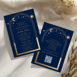 Celestial Blue Gold QR Code Quinceañera Invitation