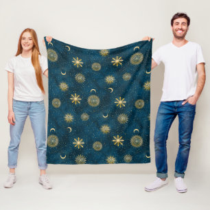 Celestial Blue & Gold Starry Night Crescent Moon Fleece Blanket