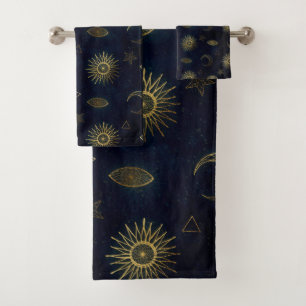 Celestial Blue Gold Sun Moon Stars Bath Towel Set