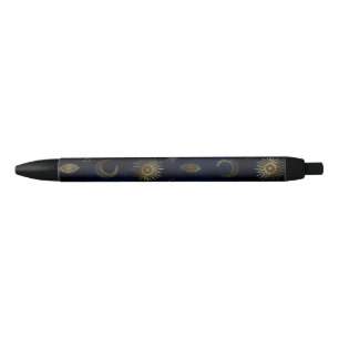Celestial Blue Gold Sun Moon Stars Black Ink Pen