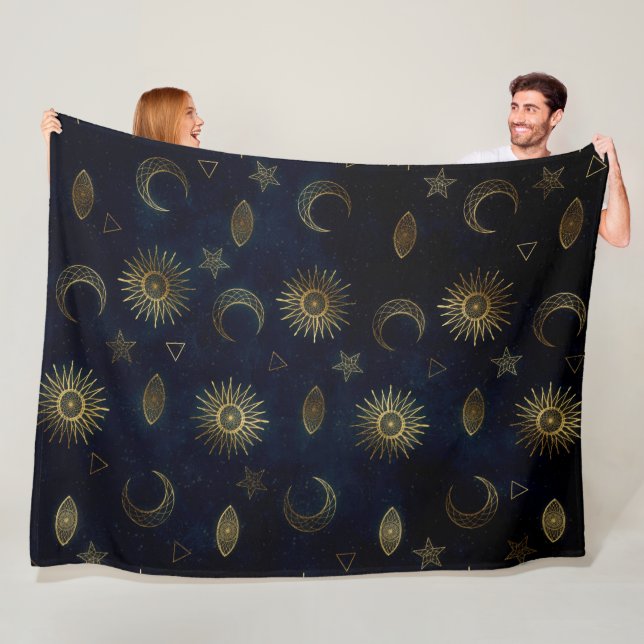 Celestial Blue Gold Sun Moon Stars Fleece Blanket (In Situ)