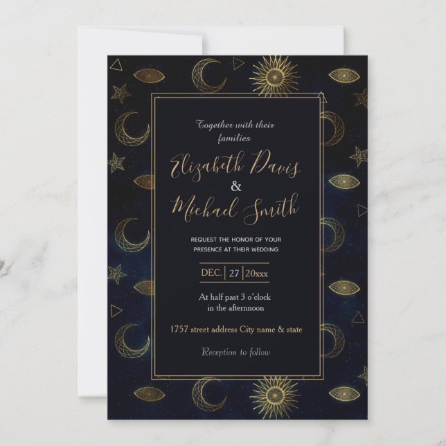 Celestial Blue Gold Sun Moon Stars Invitation (Front)