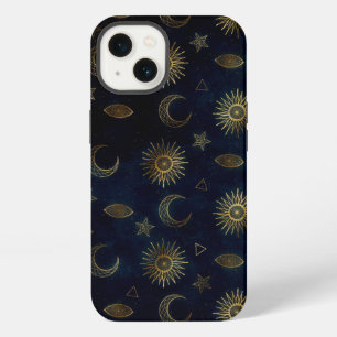 Celestial Blue Gold Sun Moon Stars iPhone 13 Case
