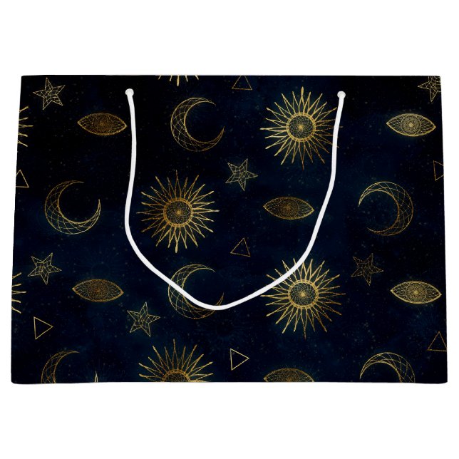 Celestial Blue Gold Sun Moon Stars Large Gift Bag (Front)