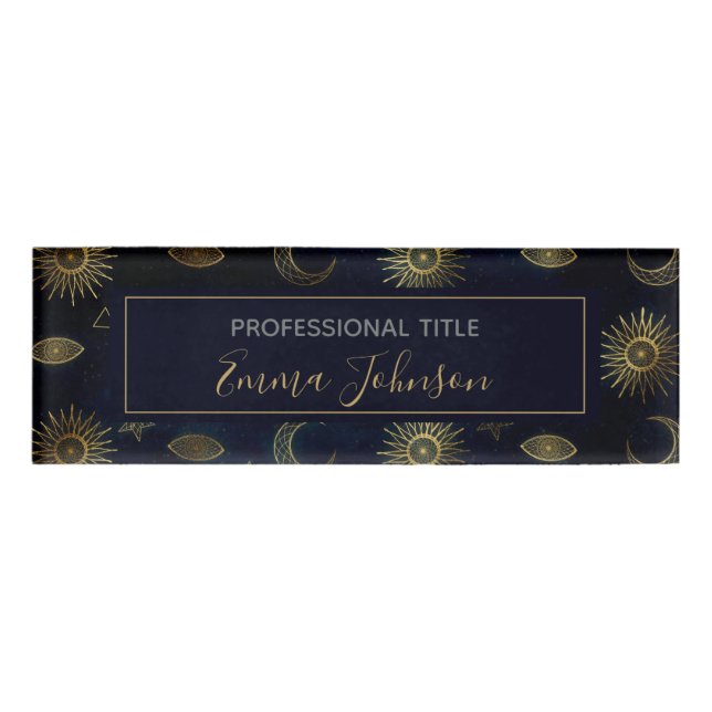 Celestial Blue Gold Sun Moon Stars Name Tag (Front)