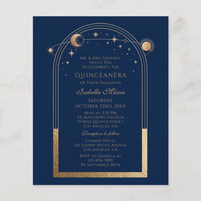 Celestial Blue Gold Sun Moon Stars Quinceañera Flyer (Front)