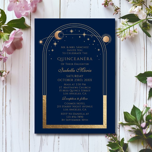 Celestial Blue Gold Sun Moon Stars Quinceañera Invitation (Creator Uploaded)
