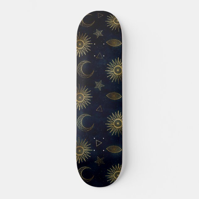 Celestial Blue Gold Sun Moon Stars Skateboard (Front)