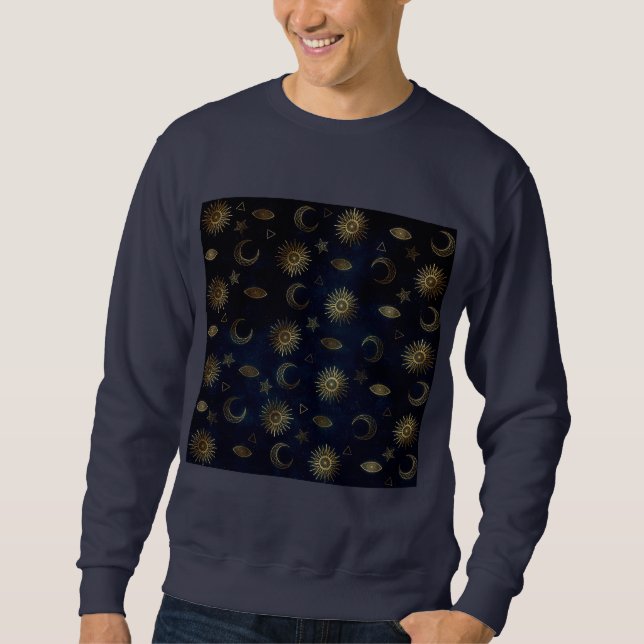 Celestial Blue Gold Sun Moon Stars Sweatshirt (Front)