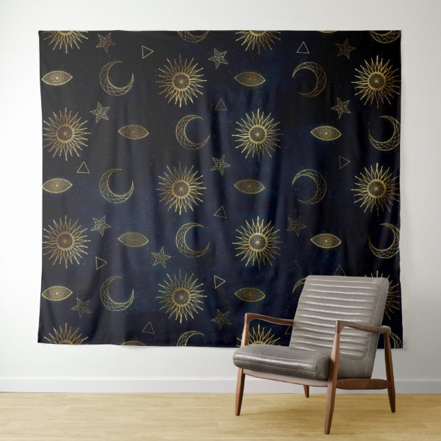 Celestial Blue Gold Sun Moon Stars Tapestry (In Situ (Horizontal))
