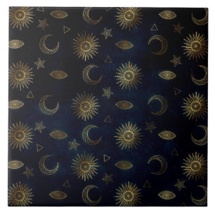 Celestial Blue Gold Sun Moon Stars Tile