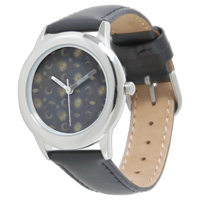Celestial Blue Gold Sun Moon Stars Watch (Angled)