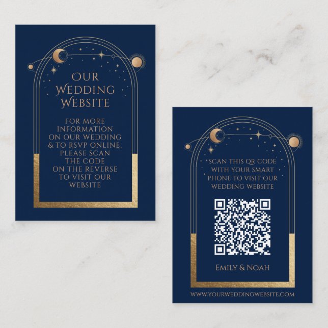 Celestial Blue Gold Wedding Website QR Code Enclosure Card (Front/Back)