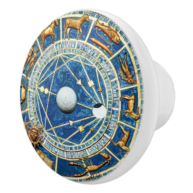 Celestial Blue & Gold Zodiac Wheel Astrology Signs Ceramic Knob (Right)