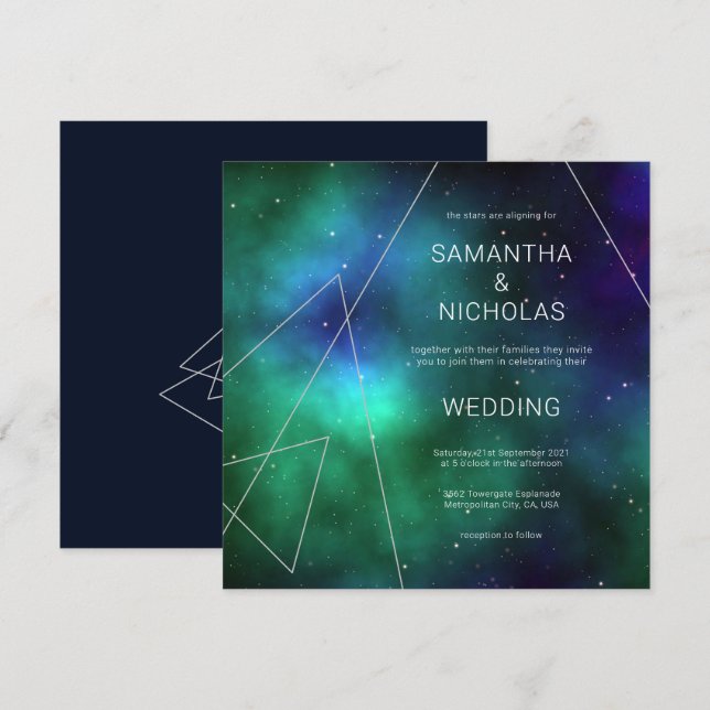 Celestial Blue Green Cosmic Abstract Cool Wedding  Invitation (Front/Back)