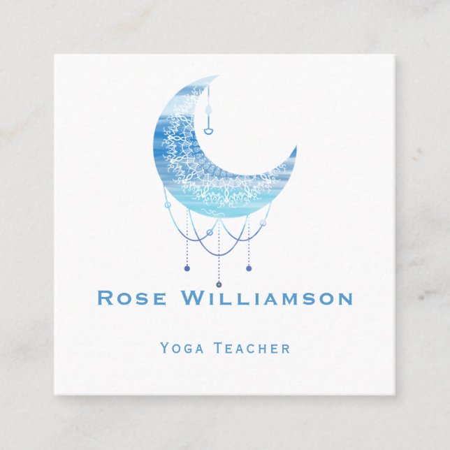 Celestial Blue Moon Watercolor Square Business Card (Front)