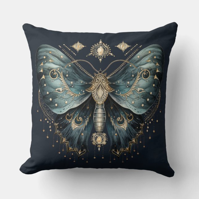Celestial Blue Moth Witchmas Throw Pillow (Front)