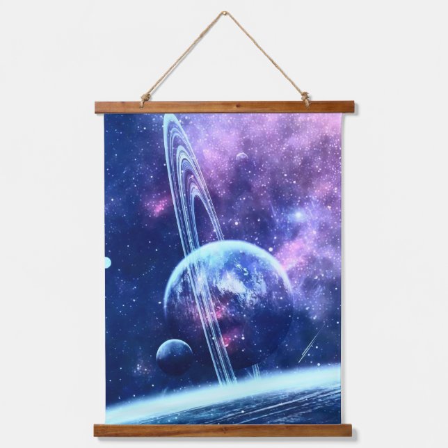 Celestial Blue Nebula & Ringed World Dreamscape Hanging Tapestry (Front)