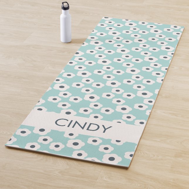 Celestial Blue Personalised Modern Retro Floral    Yoga Mat (In Situ)