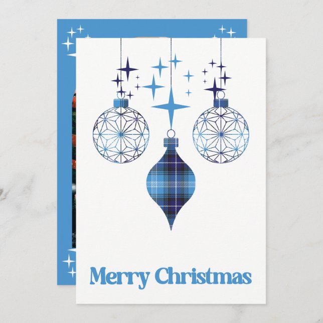 Celestial Blue Plaid Ornament Flat Holiday Card (Front/Back)