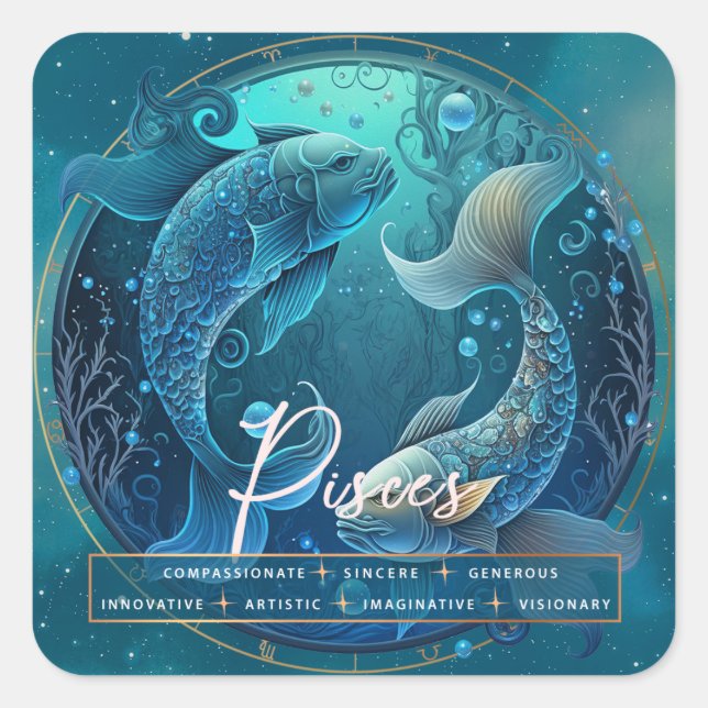 Celestial Blue Purple Fish Pisces Fantasy Zodiac Square Sticker (Front)