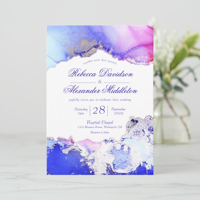 Celestial Blue Purple Jewel Tones Ink Wash Invitation (Standing Front)