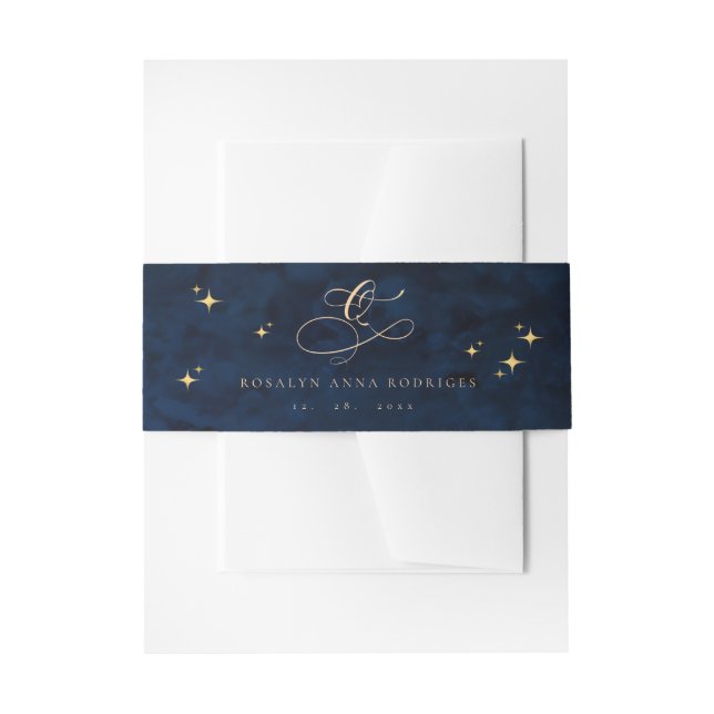  Celestial Blue Quinceanera Midnight Stars Moon  Invitation Belly Band (Front Example)