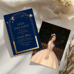 Celestial Blue Save The Date Birthday Quinceanera<br><div class="desc">Celestial Blue Save The Date Birthday Quinceanera Invitation features a gold sun, moon and stars frame on a blue background. Inside is your custom Quinceanera save the date information and on the reverse add your favourite photo. Personalise by editing the text in the text boxes. Designed for you by ©2024...</div>