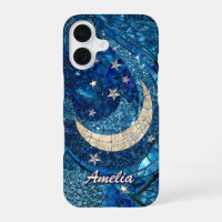 Celestial Blue Silver Stained Glass Moon