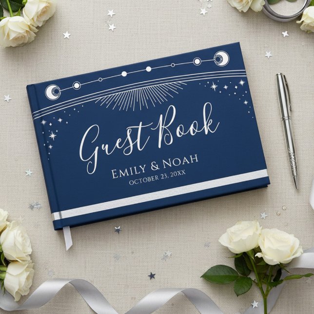 Celestial Blue Silver Sun Moon Stars Wedding  Guest Book (Creator Uploaded)