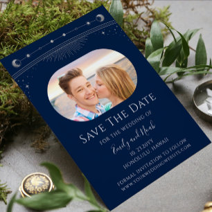 Celestial Blue Silver Sun Moon Wedding Photo Save The Date