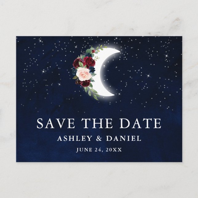 Celestial Blue Sky Floral Moon Save The Date Postcard (Front)