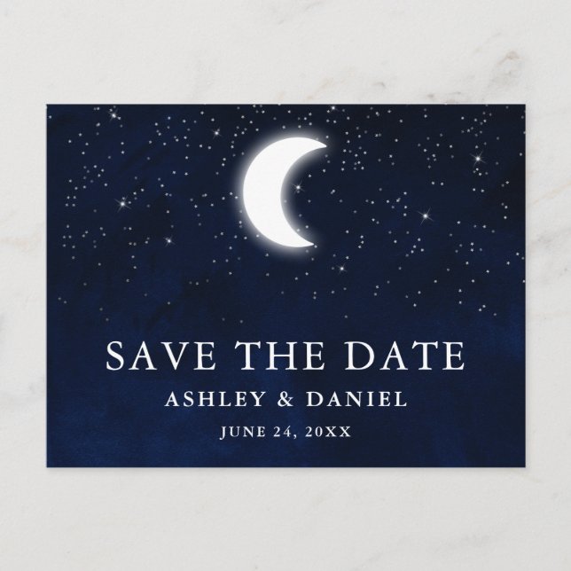Celestial Blue Sky Moon Stars Save The Date Postcard (Front)