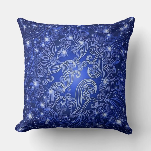 Celestial Blue Swirls & Stars Throw Pillow (Front)