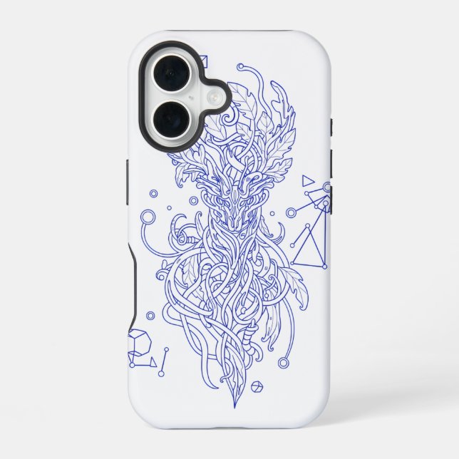 Celestial Blue Tree of Life Line Art: Geometric iPhone 16 Case (Back)
