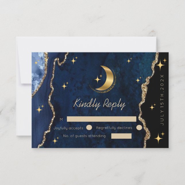 Celestial Blue Wedding Midnight Stars Moon  RSVP Card (Front)