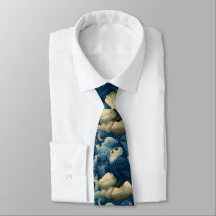 Celestial Blue Wizard Owl Fluffy Clouds Art Tie