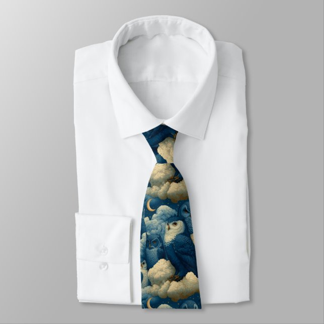 Celestial Blue Wizard Owl Fluffy Clouds Art Tie (Tied)