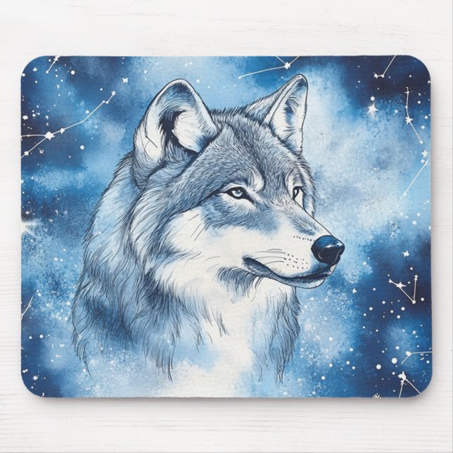 Celestial Blue Wolf Cosmic Constellation Mouse Mat (Front)