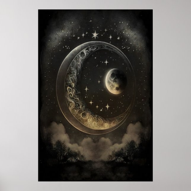 Celestial Bodies Moons Dark Academia, Antique Poster (Front)
