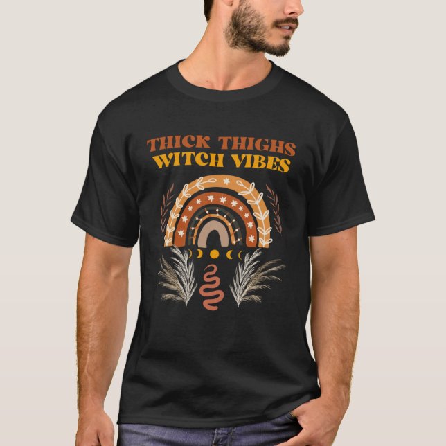 Celestial Boho Aesthetic Witchy Thick Thighs Witch T-Shirt (Front)