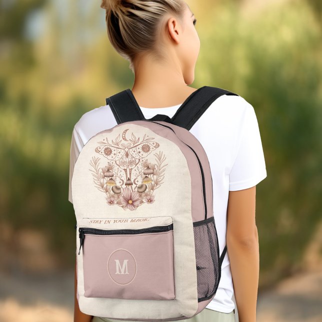 Celestial Boho Moth Mushrooms Monogram Name Printed Backpack (Celestial Boho Moth Mushrooms Monogram Name Printed Backpack)